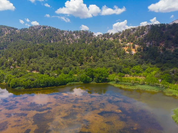 stock image The beautiful landscapes of Kovada Lake, mountains and green area from the air. Isparta Lake District, TURKEY