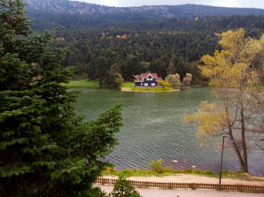Bolu Golcuk Milli Parkı 'ndaki orman içindeki ahşap Lakehouse' un hava görüntüsü. Bolu Hava Fotoğrafı, Türkiye. İHA ile ateş etmek