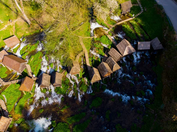 stock image Wooden watermills in Jajce were used by local farmers. Aerial view