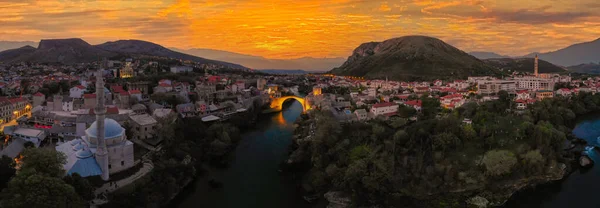 Aerial Mostar Bridge Koski Mehmed Pasha Mosque Drone View Historical — Stock Photo, Image