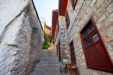 Güzel çiçekler Ortakent Türkiye'deki deniz feneri geçmiş ufka uzanan mavi/yeşil denizler ile görülebilir