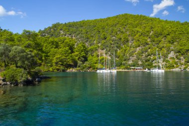 Oludeniz Sahili 'nin panoramik manzarası. Fethiye, Mugla, Türkiye. Yaz ve tatil konsepti.