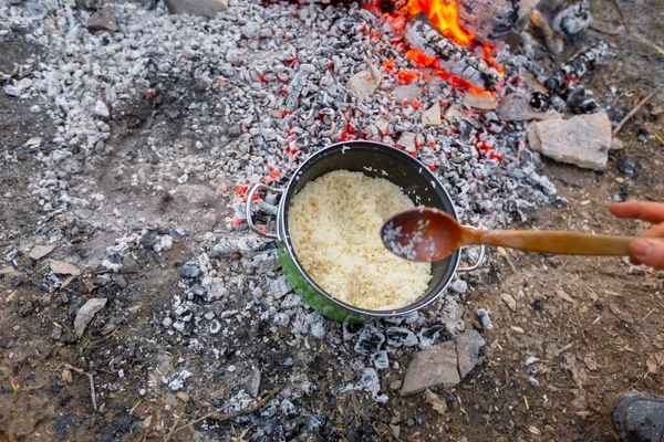 White Rice Cooked Embers Camping Area — Stock Photo, Image