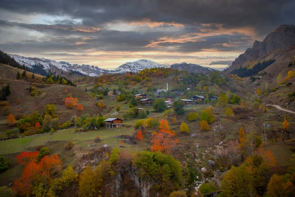 在Savsat的秋天景色 阿尔特文 土耳其 美丽的秋天风景在Bazgiret Maden村 五彩缤纷的秋天自然景观与雪山背景 — 图库照片