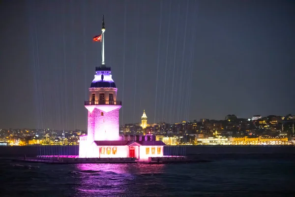 stock image The newly restored Maiden's Tower, a light show on the Sea of Marmara.