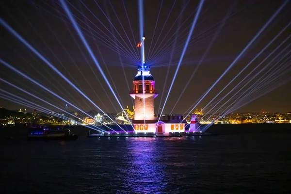 stock image The newly restored Maiden's Tower, a light show on the Sea of Marmara.