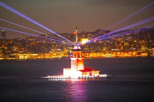 stock image The newly restored Maiden's Tower, a light show on the Sea of Marmara.