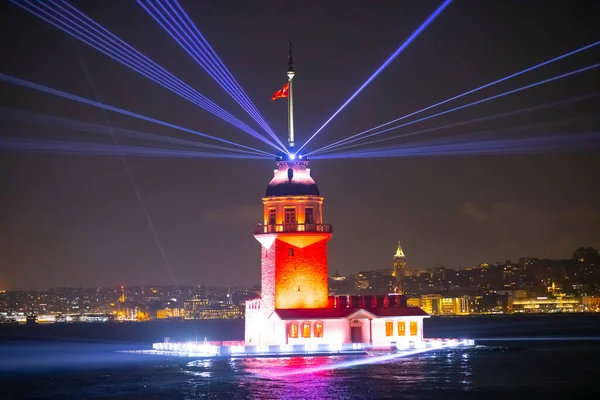 stock image The newly restored Maiden's Tower, a light show on the Sea of Marmara.