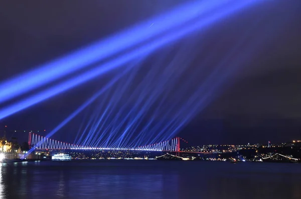 stock image  Fireworks over Bosphorus Strait during Turkish Republic day celebrations