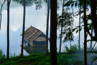 Batur Gölü 'nün ortasında terk edilmiş bir ev, Kintamani, Bali, Endonezya