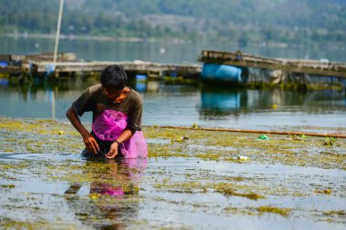 Batur Gölü, Kintamani, Bangli, Bali, Endonezya, gölde balık tutan balıkçılar