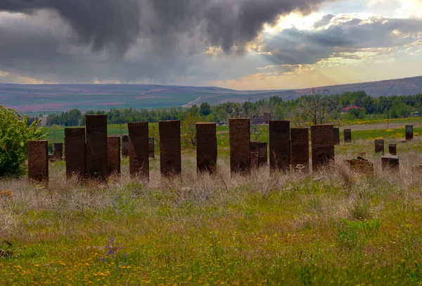 Antik Selcuk Türkleri mezarlığı, Ahlat, Türkiye. Malazgirt savaşında ölen askerler için mezar taşı anıtları. UNESCO Dünya Mirasları Geçici Listesi