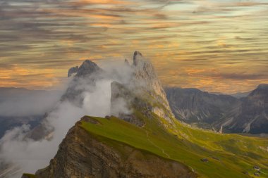 Seceda zirvesinde harika bir manzara. Trentino Alto Adige, Dolomites Alps, Güney Tyrol, İtalya, Avrupa. Odle dağ sırası, Val Gardena. Majestic Furchetta zirvesi. Sabah güneşinde mor çiçekler.