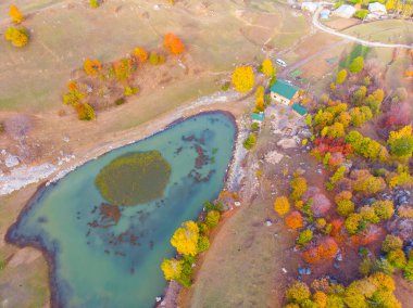 Savsat 'ta sonbahar manzarası. Artvin, Türkiye. Renkli ağaçlarla dolu güzel bir sonbahar manzarası. Bazgiret Maden Köyü ve Lake. Hava aracı görüntüsü.