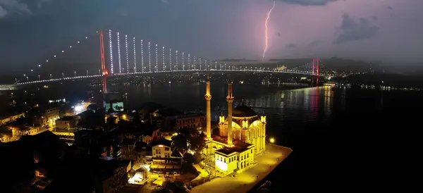 Aerial View Ortakoy Mosque Also Known Buyuk Mecidiye Backgrounded July — Stock Photo, Image