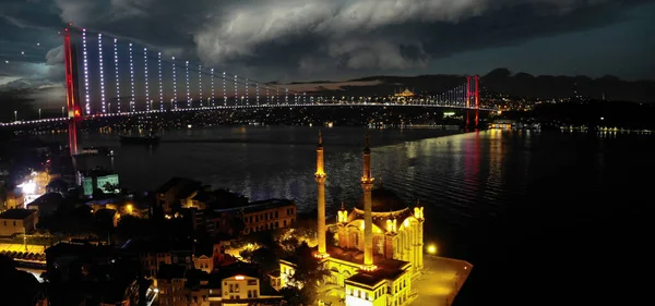 Aerial View Ortakoy Mosque Also Known Buyuk Mecidiye Backgrounded July — Stock Photo, Image