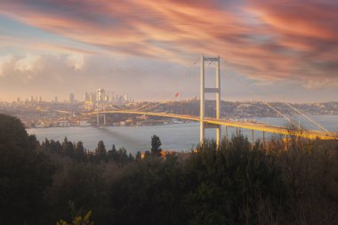 İstanbul Boğazı Köprüsü, gece. 15 Temmuz Şehitler Köprüsü. İstanbul, Türkiye.