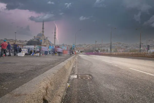 Photographed Galata Bridge Ferries New Mosque People Fishing — Stock Photo, Image