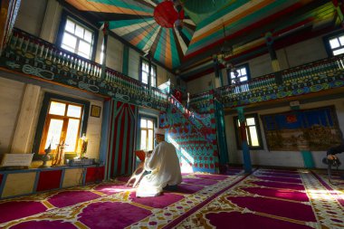  Artvin Macahel Camili Köyü 'ndeki tarihi Camii Camii' nin iç manzarası. Cami el boyası ve ahşap süslemeleriyle ünlüdür..