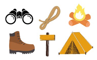 Beyaz arkaplanda görünen kamp simgeleri