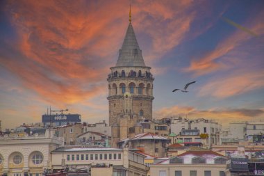Türkiye'de Istanbul şehir manzarası, Beyoğlu ilçe eski evler Galata Kulesi üstünde tepe, Haliç manzarası