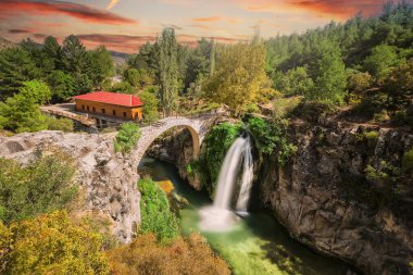 Turkey's waterfalls and rivers. Historic stone bridge and waterfall. Clandras bridge and Clandras waterfall. Usak , Turkey