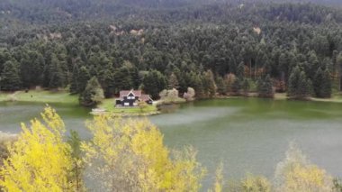 Golcuk Milli Parkı Bolu Türkiye 'nin hava manzarası. Ulusal Park 'taki ormanın içindeki Tahta Göl evi.