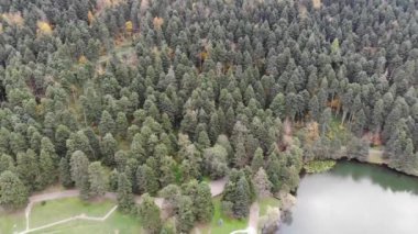 Golcuk Milli Parkı Bolu Türkiye 'nin hava manzarası. Ulusal Park 'taki ormanın içindeki Tahta Göl evi.
