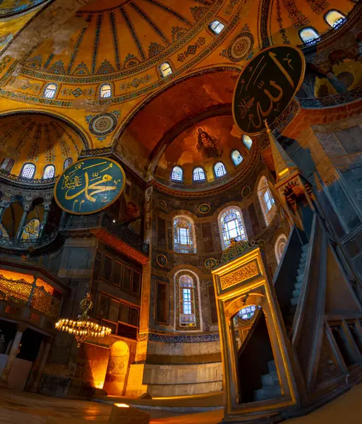 stock image interior of ancient basilica Hagia Sophia. For almost 500 years the principal mosque of Istanbul, Aya Sofia served as model for many other Ottoman mosques