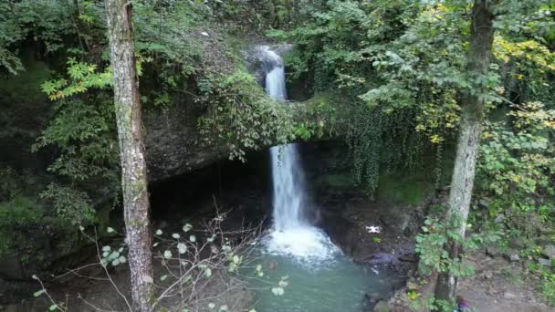Fascynujący Wodospad Lesie Wodospad Deliklikaya Woda Przepływa Przez Otwór Utworzony — Wideo stockowe
