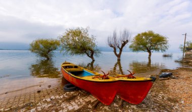 Ulubat Gölü, Golyazi, Bursa, Türkiye 'deki balıkçı tekneleri, büyük ağaç gölleri, gün batımı manzarası