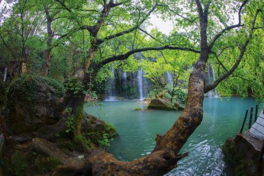 Beautiful waterfalls over emerald water in deep green forest in Kursunlu Natural Park, Antalya, Turkey