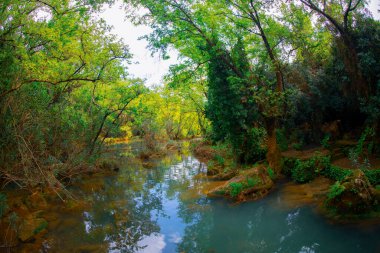 Beautiful waterfalls over emerald water in deep green forest in Kursunlu Natural Park, Antalya, Turkey