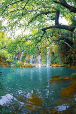 Beautiful waterfalls over emerald water in deep green forest in Kursunlu Natural Park, Antalya, Turkey