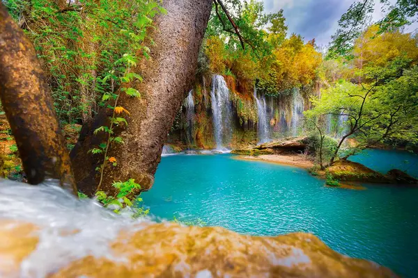 Beautiful Waterfalls Emerald Water Deep Green Forest Kursunlu Natural Park Stock Picture