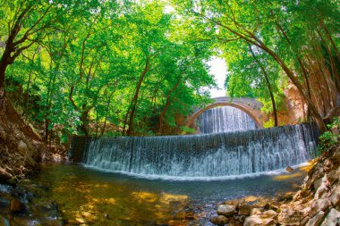 Eski taş, kemerli köprü, Palaiokaria, Trikala vilayeti, Thessaly, Yunanistan 'daki iki şelale arasında.