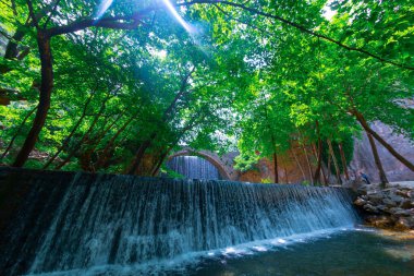 Eski taş, kemerli köprü, Palaiokaria, Trikala vilayeti, Thessaly, Yunanistan 'daki iki şelale arasında.
