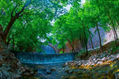 Eski taş, kemerli köprü, Palaiokaria, Trikala vilayeti, Thessaly, Yunanistan 'daki iki şelale arasında.