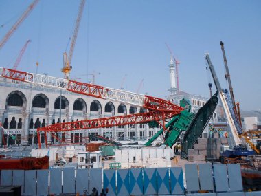 The Masjid al-Haram crane disaster occurred on September 11, 2015, in the Masjid al-Haram in Mecca, Saudi Arabia, when a crane tower within the scope of expansion collapsed, resulting in the death of 107 people and injuries to 238 people. clipart