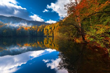 Sonbahar orman manzarası Yedigoller Ulusal Parkı 'ndaki suya yansıyor. Bu da yedi göl anlamına geliyor.