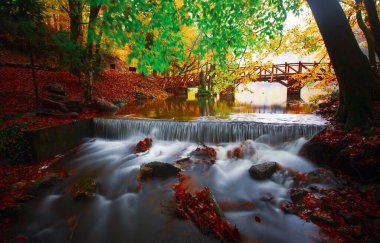 Sonbahar orman manzarası Yedigoller Ulusal Parkı 'ndaki suya yansıyor. Bu da yedi göl anlamına geliyor.