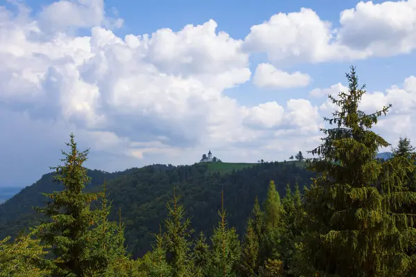 stock image St. Primoz church near Jamnik in the morning, Slovenia