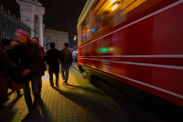 stock image view of the historic tram line T2, dating back to the 50s, which connects Tunel with Taksim Square, in Istanbul