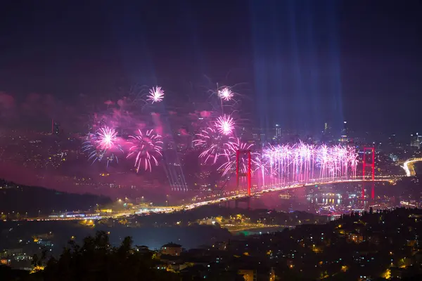 stock image Big celebration on July 15 Martyrs Bridge, formerly known as the Bosphorus Bridge