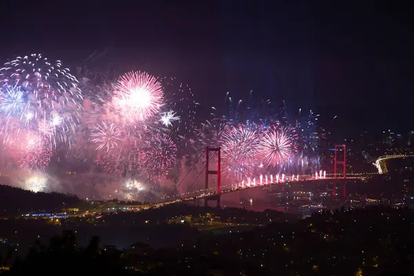 stock image Big celebration on July 15 Martyrs Bridge, formerly known as the Bosphorus Bridge