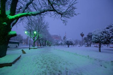 Sultanahmet Meydanı, Sultanahmet Camii ve Ayasofya Büyük Camii kar altında.