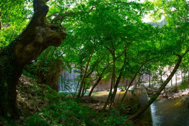 Palaiokarya 'nın Taş Köprüsü ve iki yapay şelale