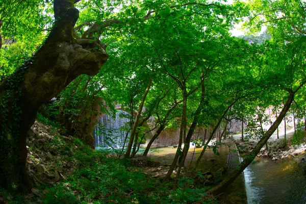 Palaiokarya 'nın Taş Köprüsü ve iki yapay şelale