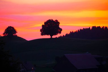 Güzel köy Hirzel Green Meadows Çiftlik Alanları Yamaçlar Canton Zug İsviçre 