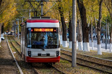 Changchun, Çin 'de tramvay ve düşen yapraklar.